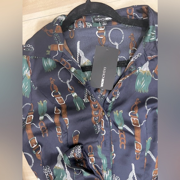 Navy Satin Jumpsuit long sleeve / chain print - Picture 8 of 10